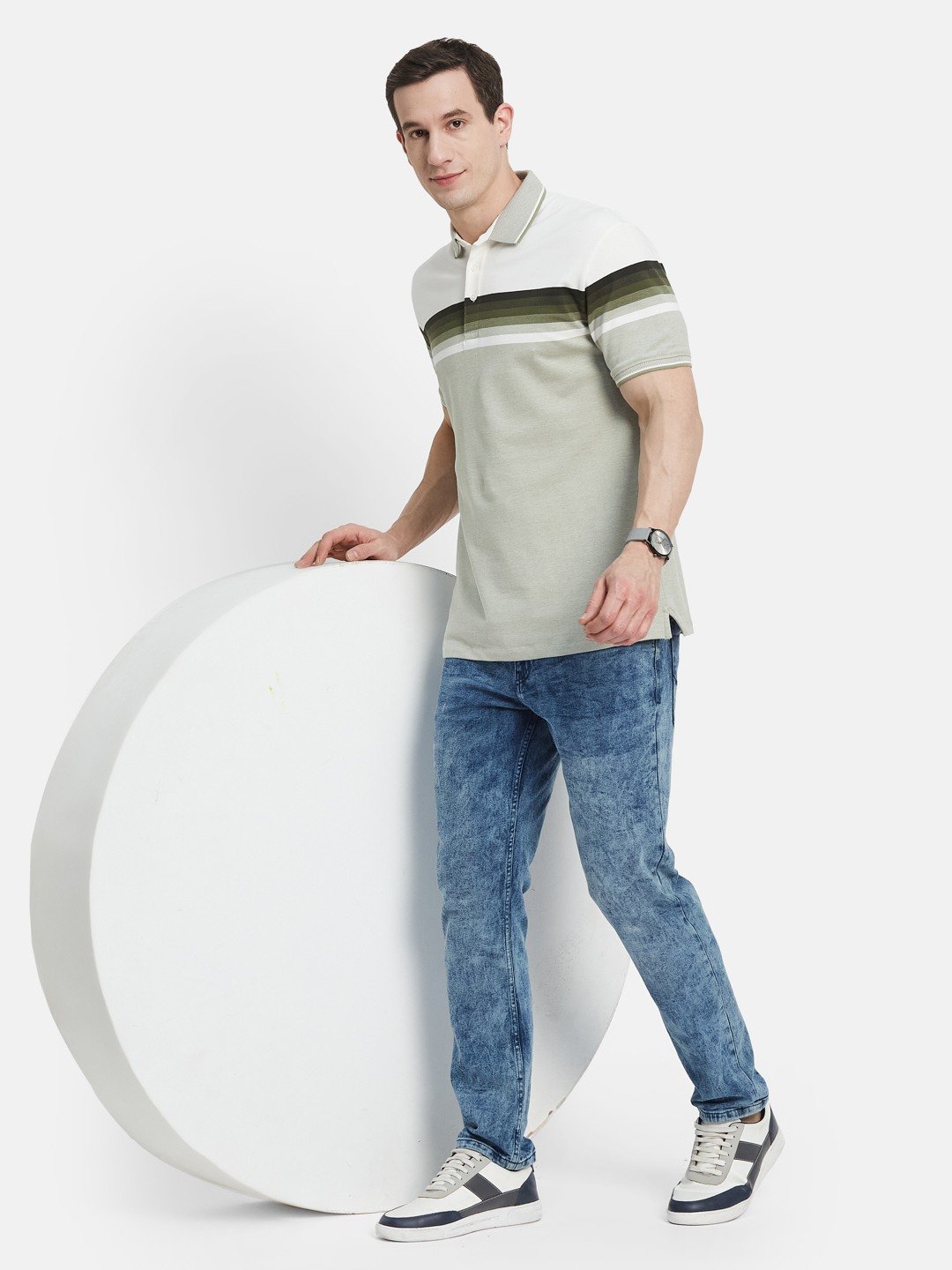 HORIZONTAL STRIPE POLO NECK PIQUE LYCRA  T-SHIRT