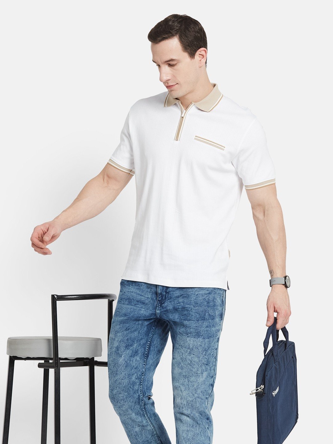 VERTICAL STRIPE HALF-ZIP POLO NECK DROP NEEDLE INTERLOCK T-SHIRT