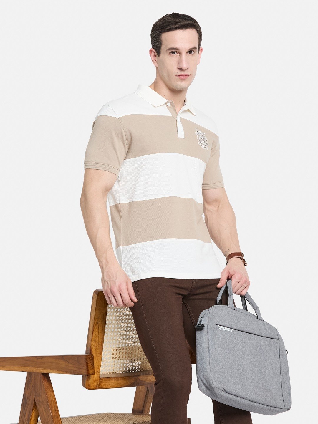 COLOUR BLOCKED CUTN SEW STRIPE EMBROIDED APPLIQUE  T-SHIRT