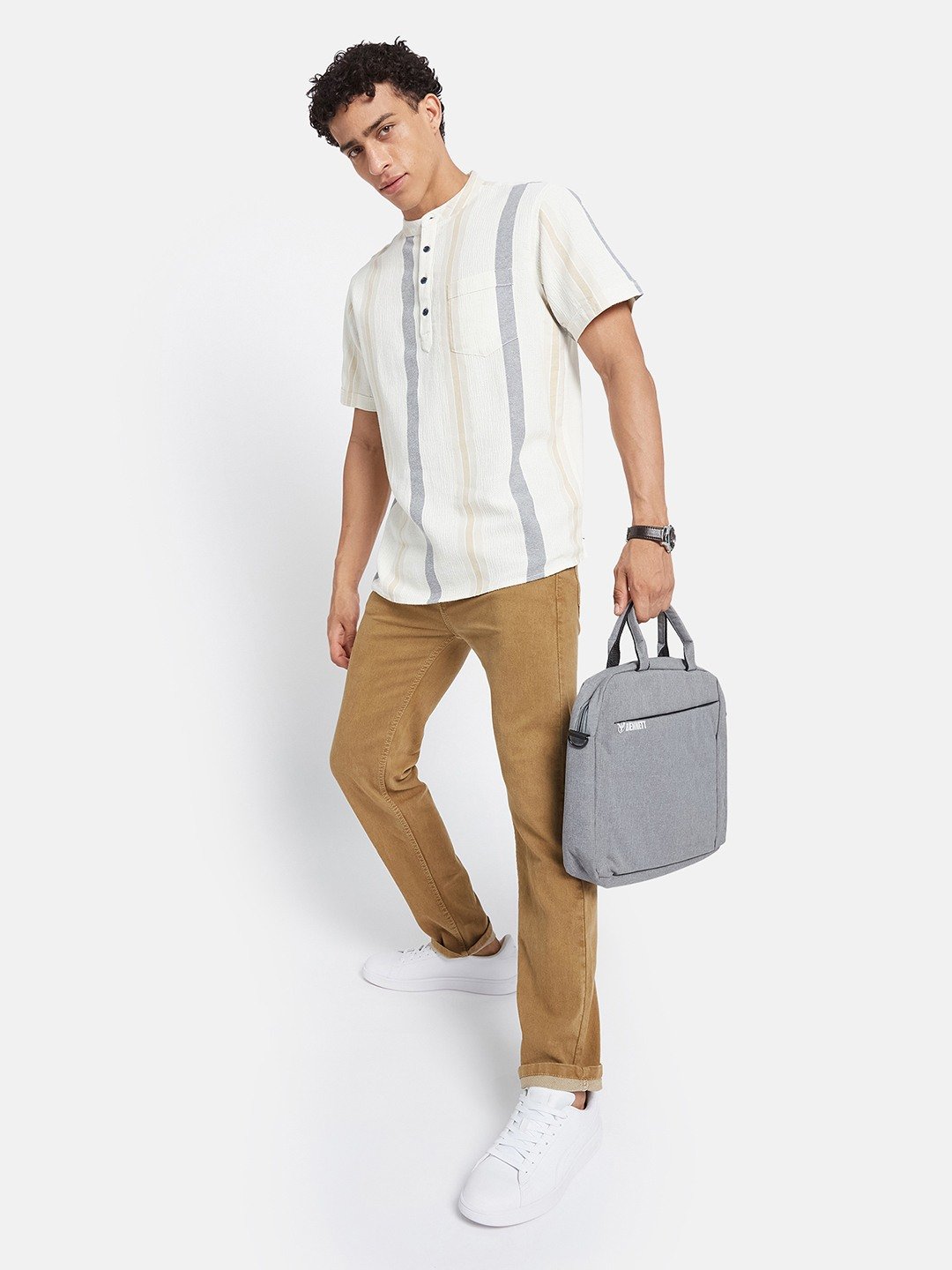 METTLE Men Striped Mandarin Collar Cotton T-shirt