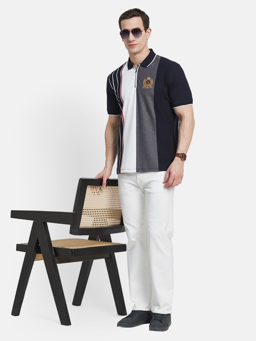 VERTICAL STRIPE HALF-ZIP POLO NECK PIQUE LYCRA T-SHIRT