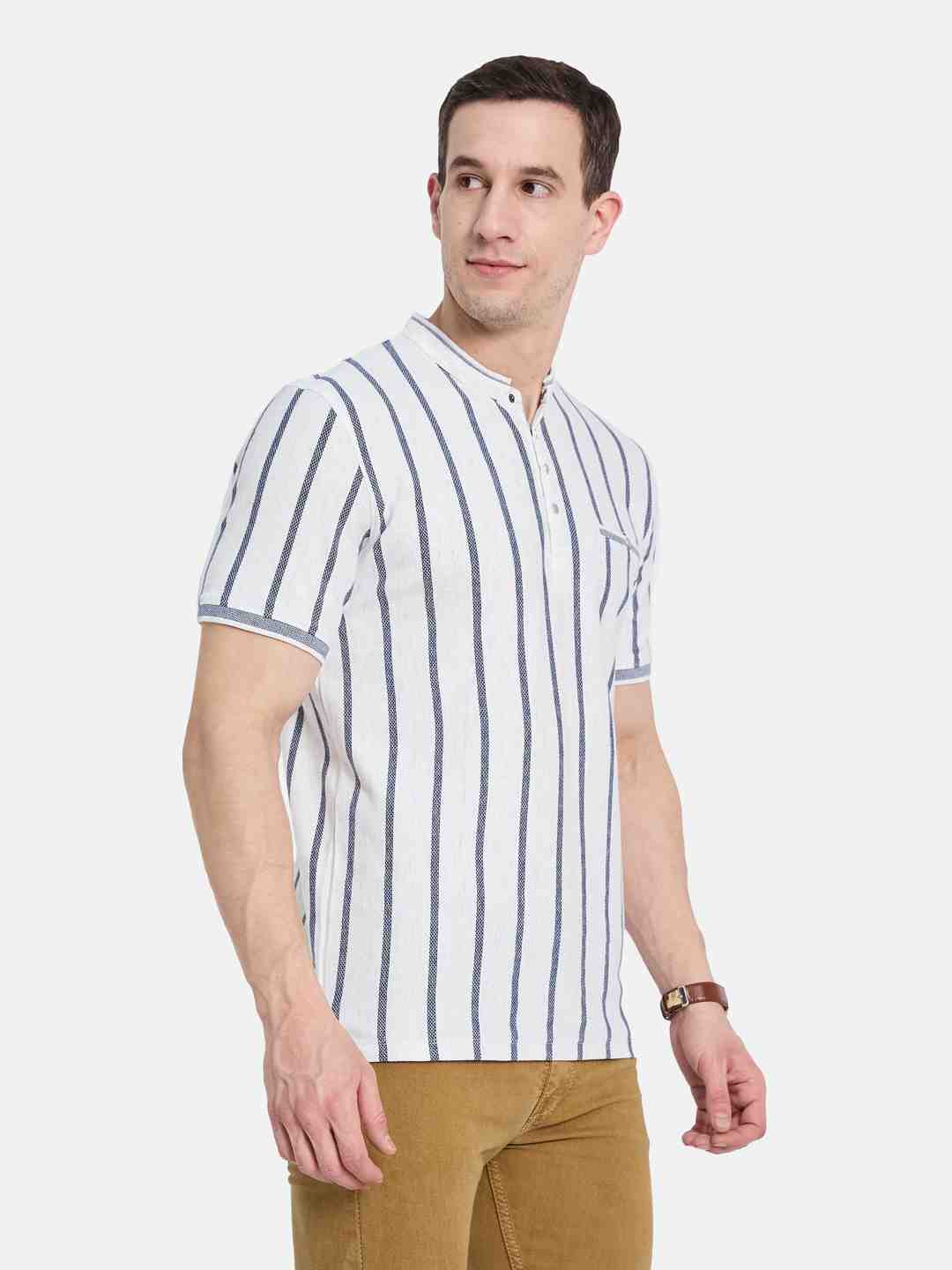 Octave Men Striped Mandarin Collar T-shirt