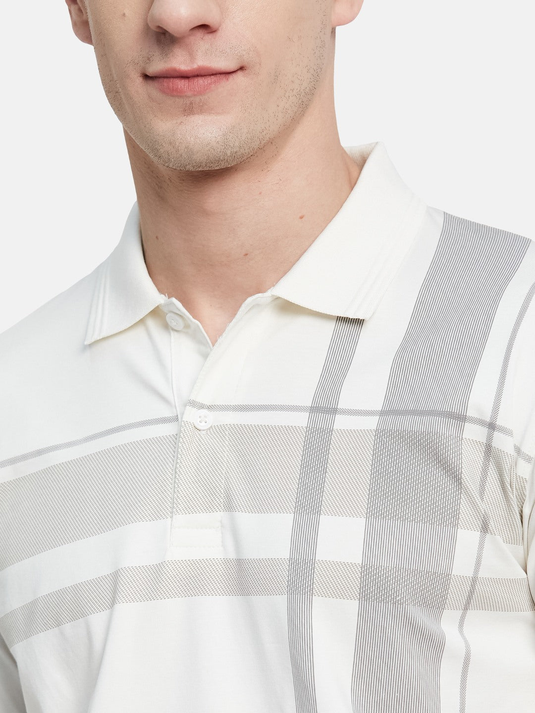 FRONT CHECK PRINT POLO NECK SINGLE JERSEY KNIT LYCRA T-SHIRT
