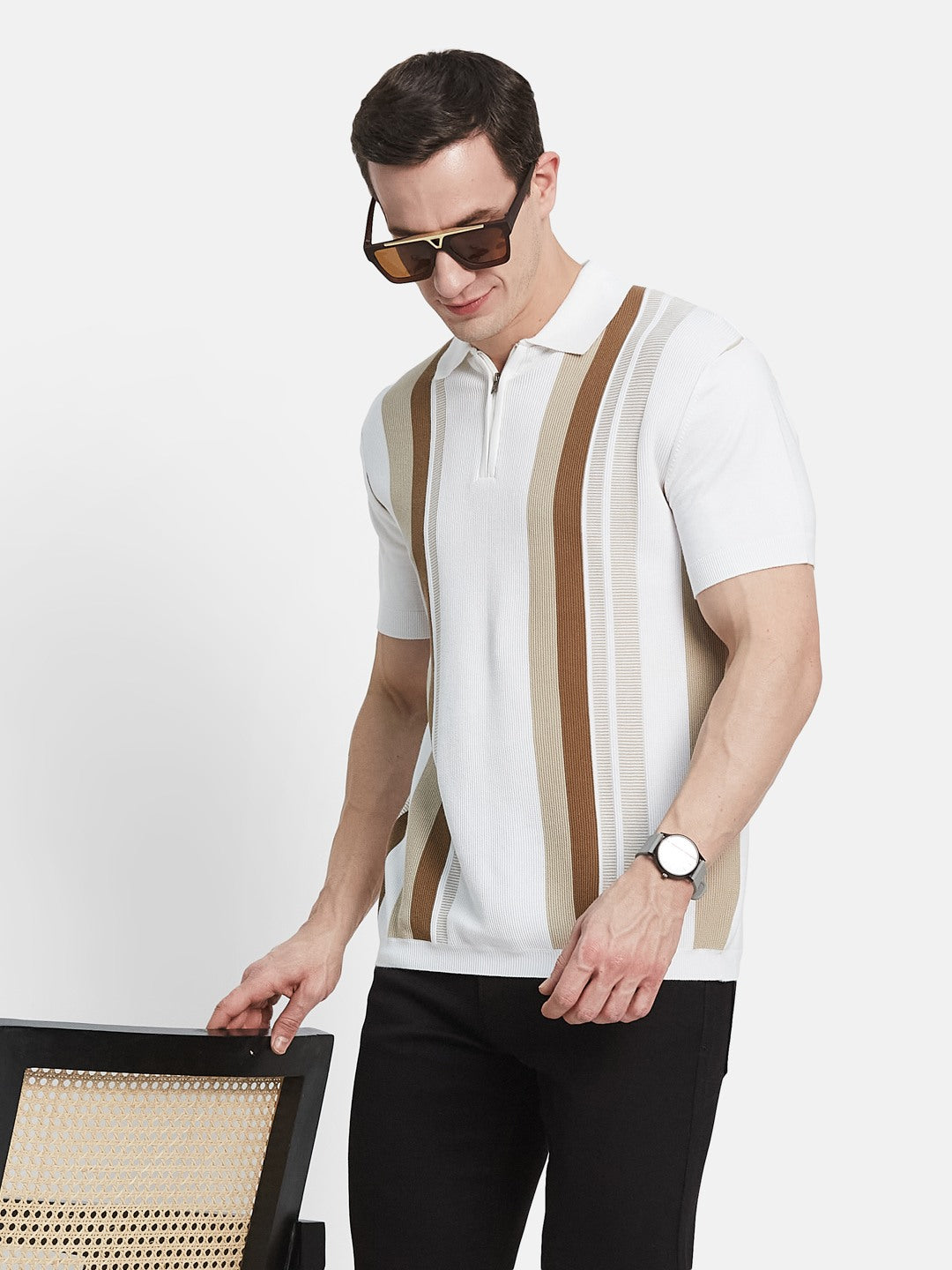 METTLE Men Striped Polo Collar Cotton T-shirt