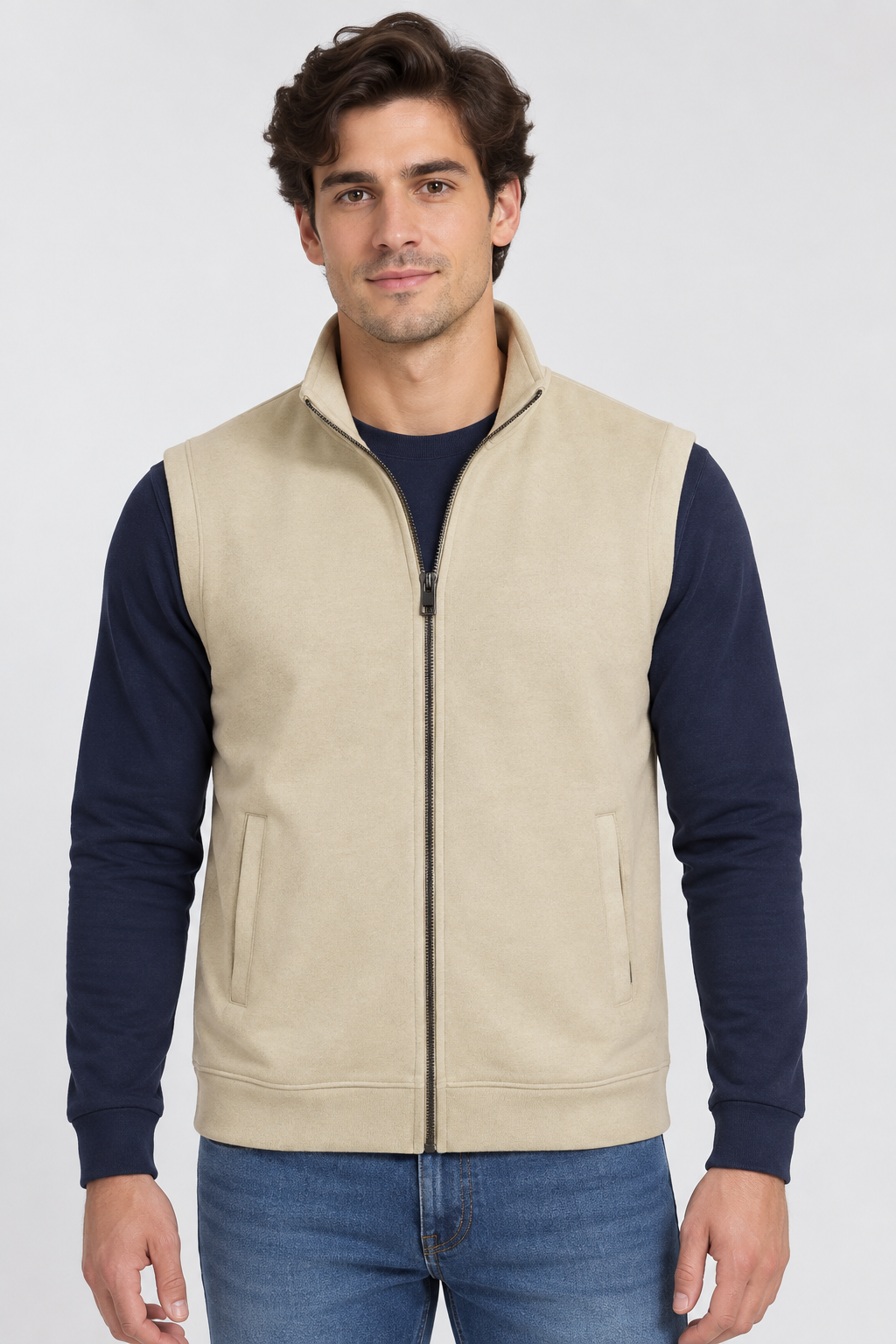 Men’s Natural Melange German Velvet Knitted Gilet – Regular Fit Full Zip Sleeveless Jacket