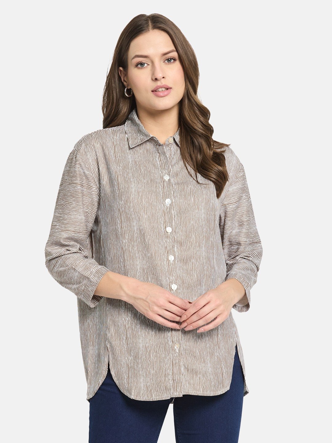 METTLE Women Olive Shirt Collar Striped Cotton Top