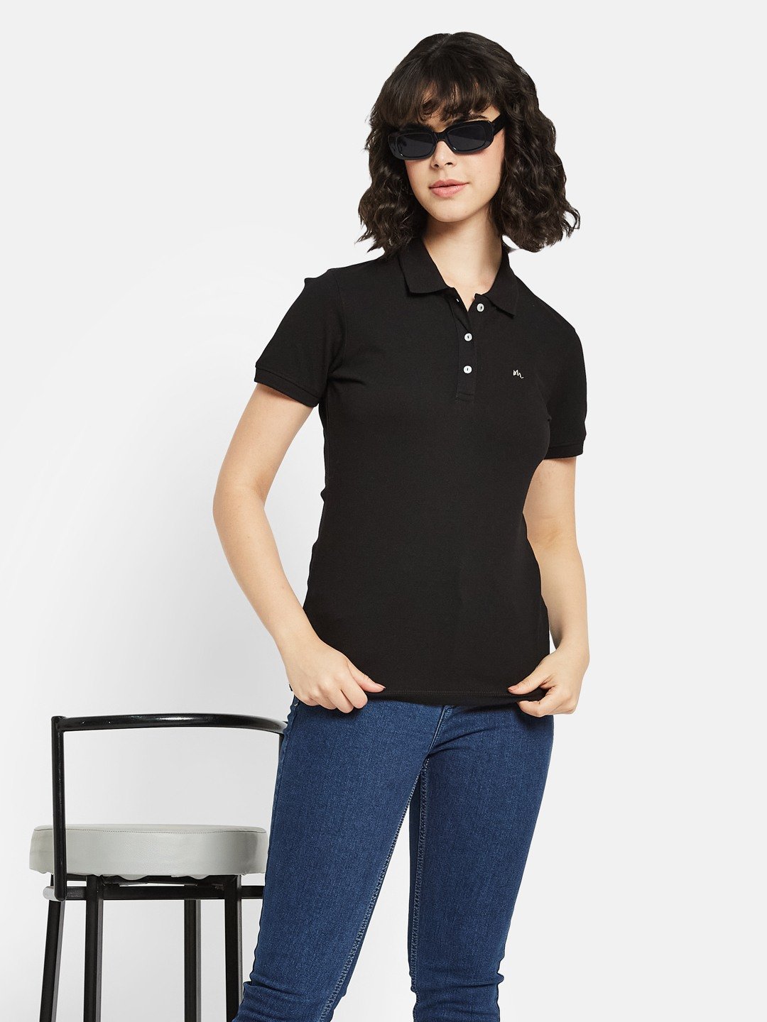 METTLE Women Solid Polo Collar Cotton T-shirt