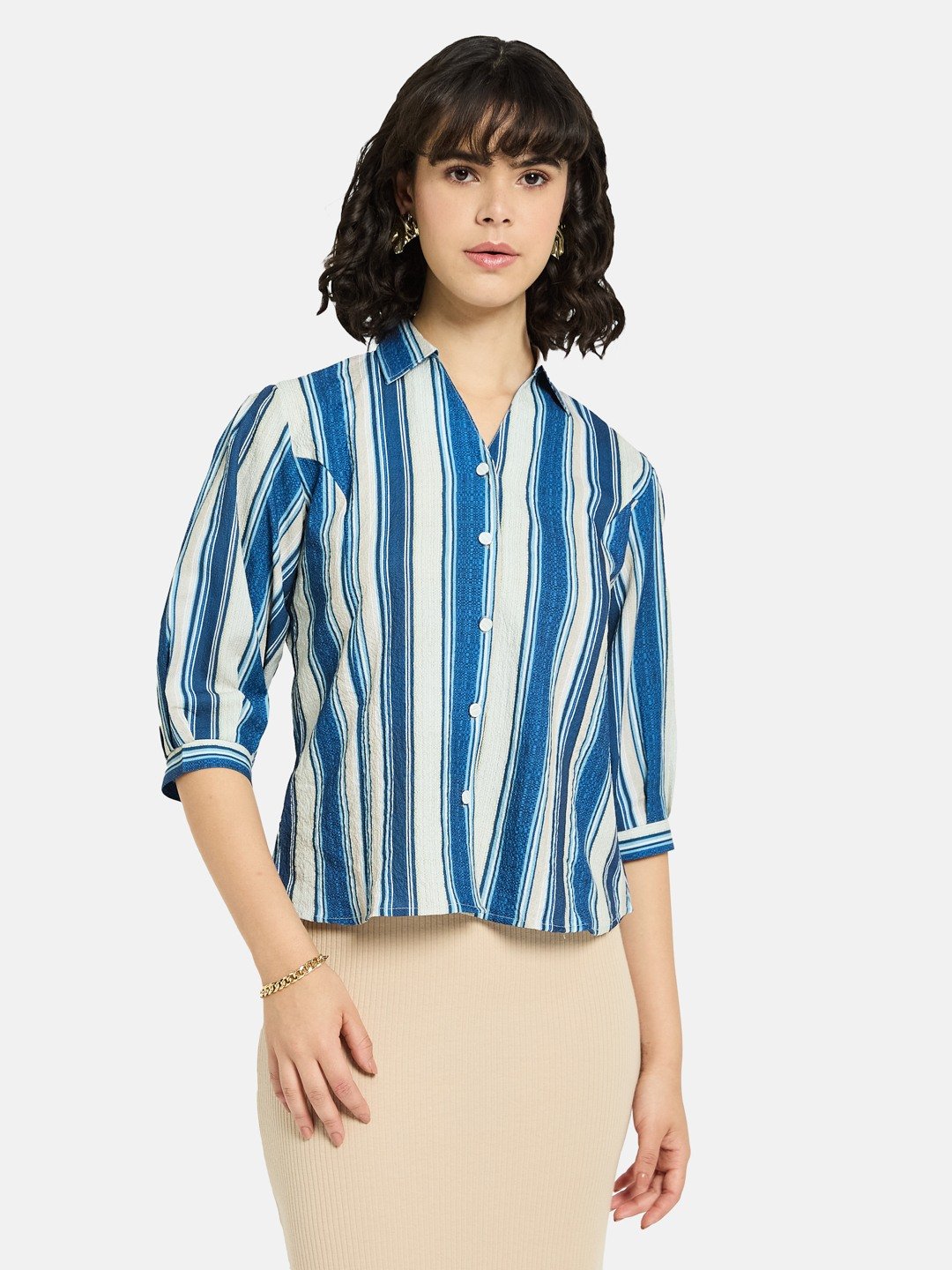 METTLE Women Spread Collar Vertical Striped Cotton Casual Shirt