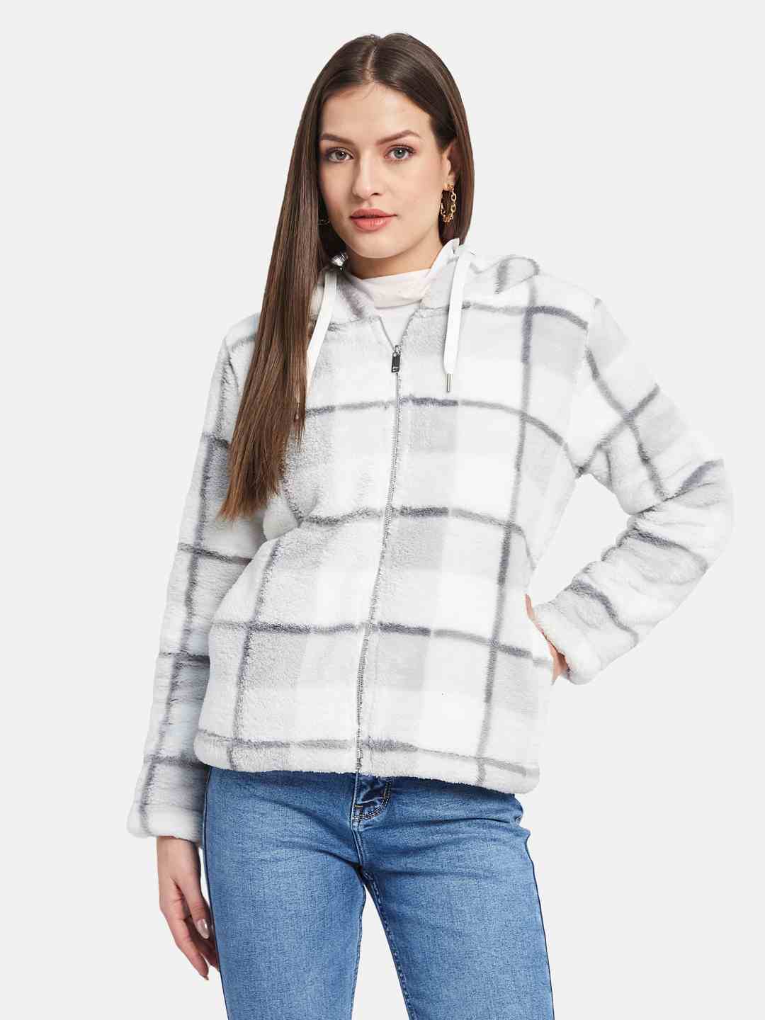 METTLE Women Checked Hooded Sweatshirt