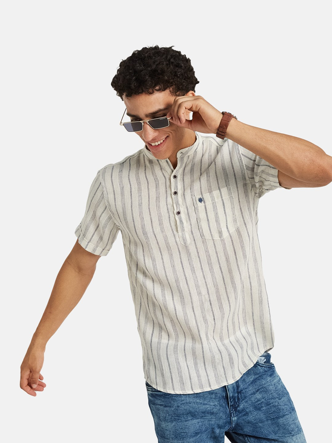 METTLE Striped Short Sleeves Mandarin Collar Cotton Opaque Regular Fit Casual Shirt