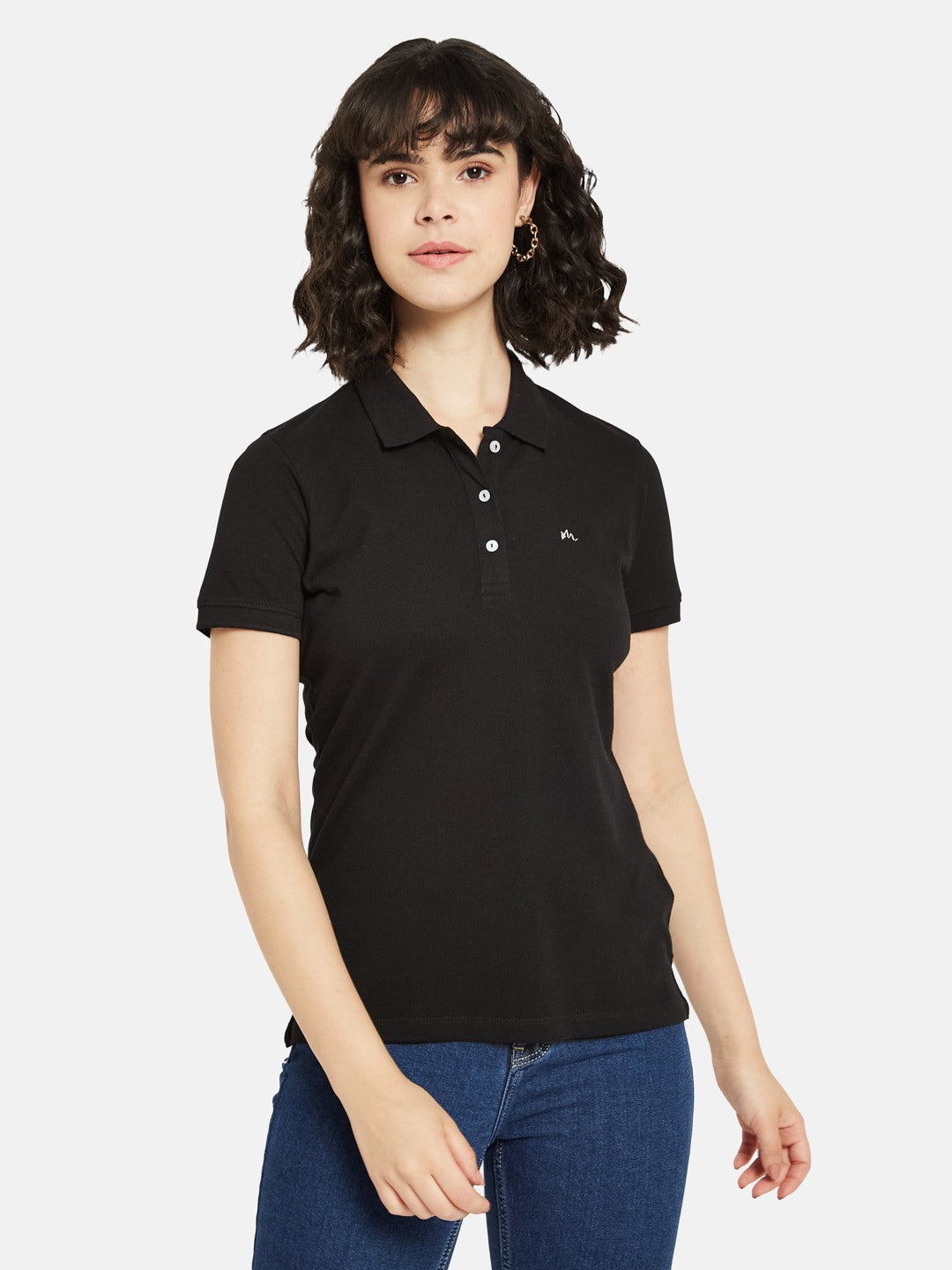 METTLE Women Solid Polo Collar Cotton T-shirt