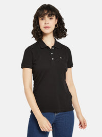 METTLE Women Solid Polo Collar Cotton T-shirt