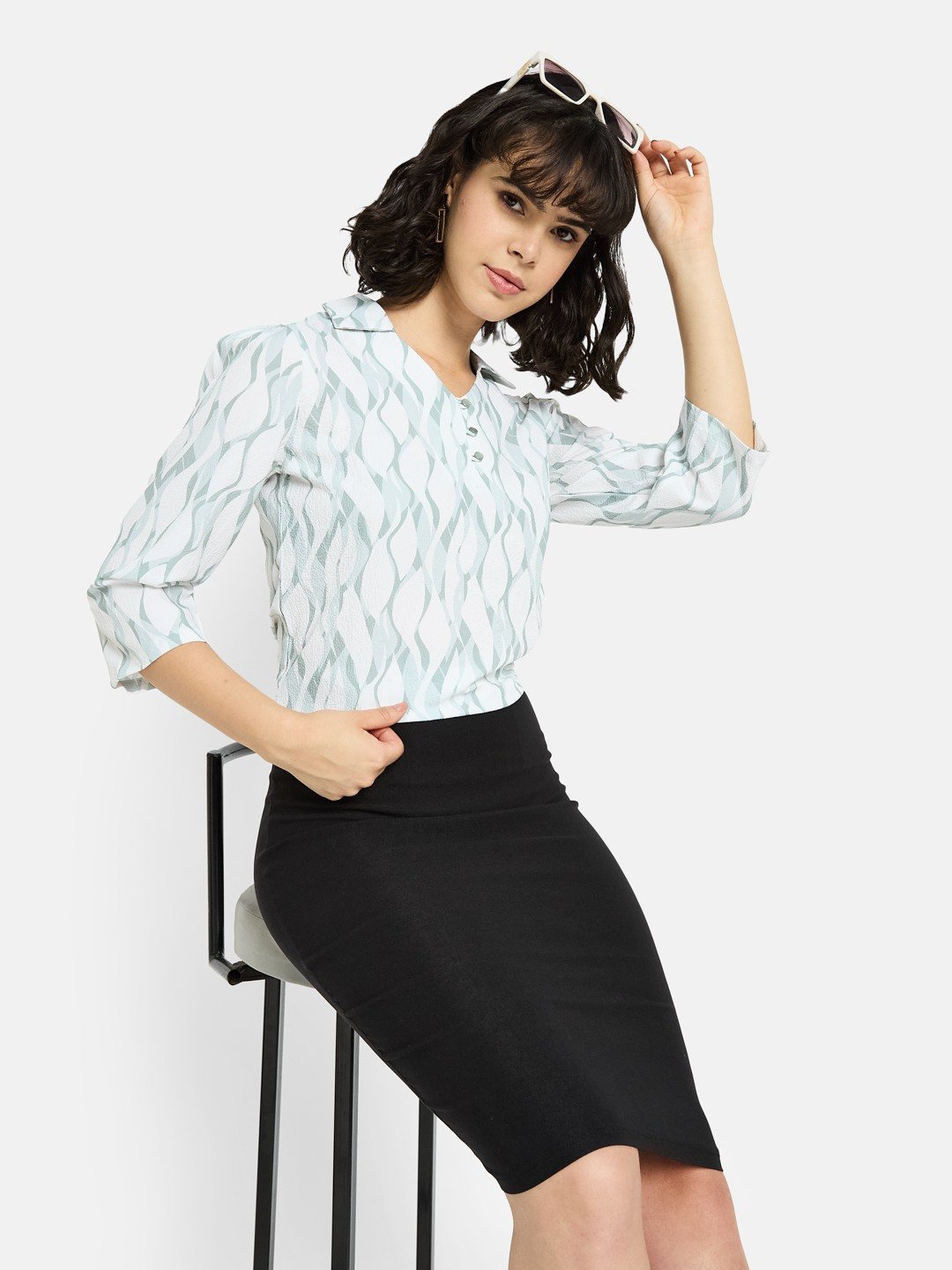 METTLE Mint Printed Cotton Shirt Style Top