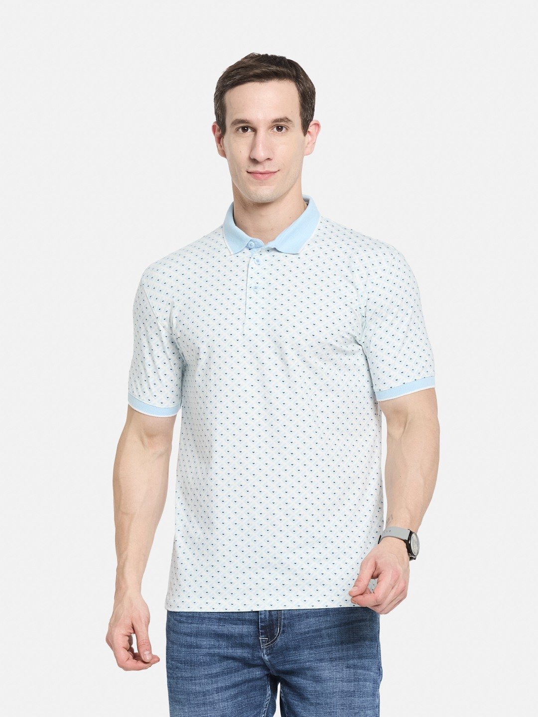 AOP MOTIF PRINT  POLO NECK SINGLE JERSEY KNIT LYCRA T-SHIRT