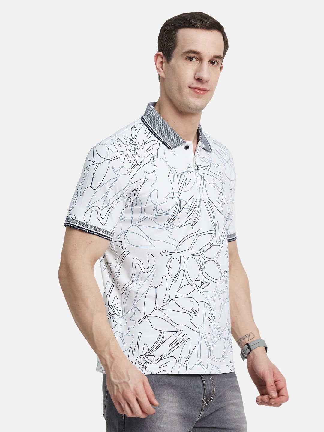 AOP FLORAL PRINT POLO NECK SINGLE JERSEY KNIT LYCRA T-SHIRT