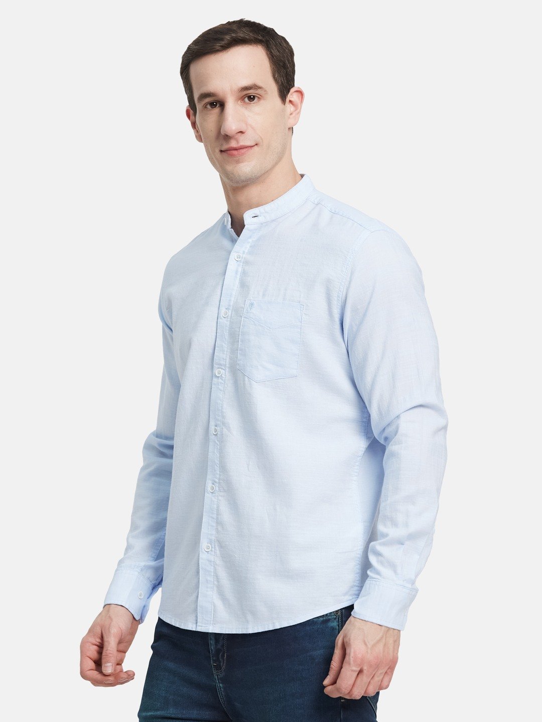 METTLE Men Band Collar Solid Cotton Casual Shirt
