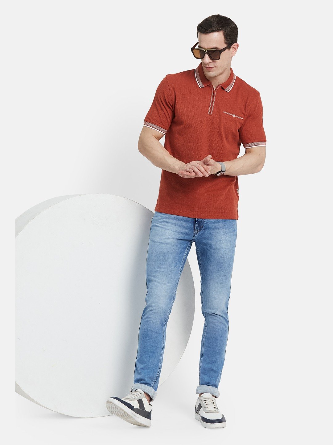 SOLID HALF-ZIP  POLO NECK POPCORN KNIT T-SHIRT