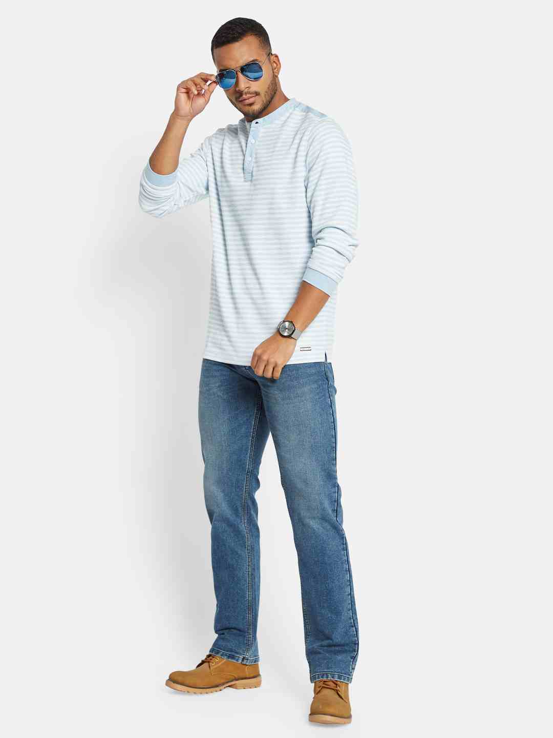 METTLE Men Striped Mandarin Collar Pockets T-shirt
