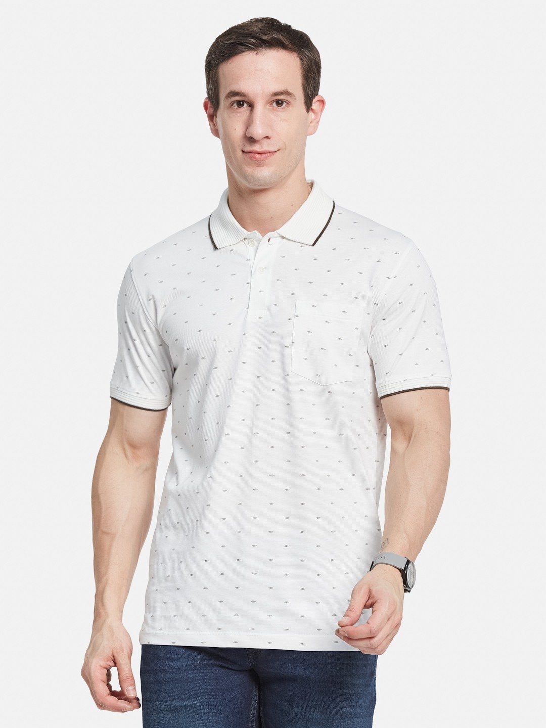 AOP MOTIF PRINT  POLO NECK COTTON  T-SHIRT