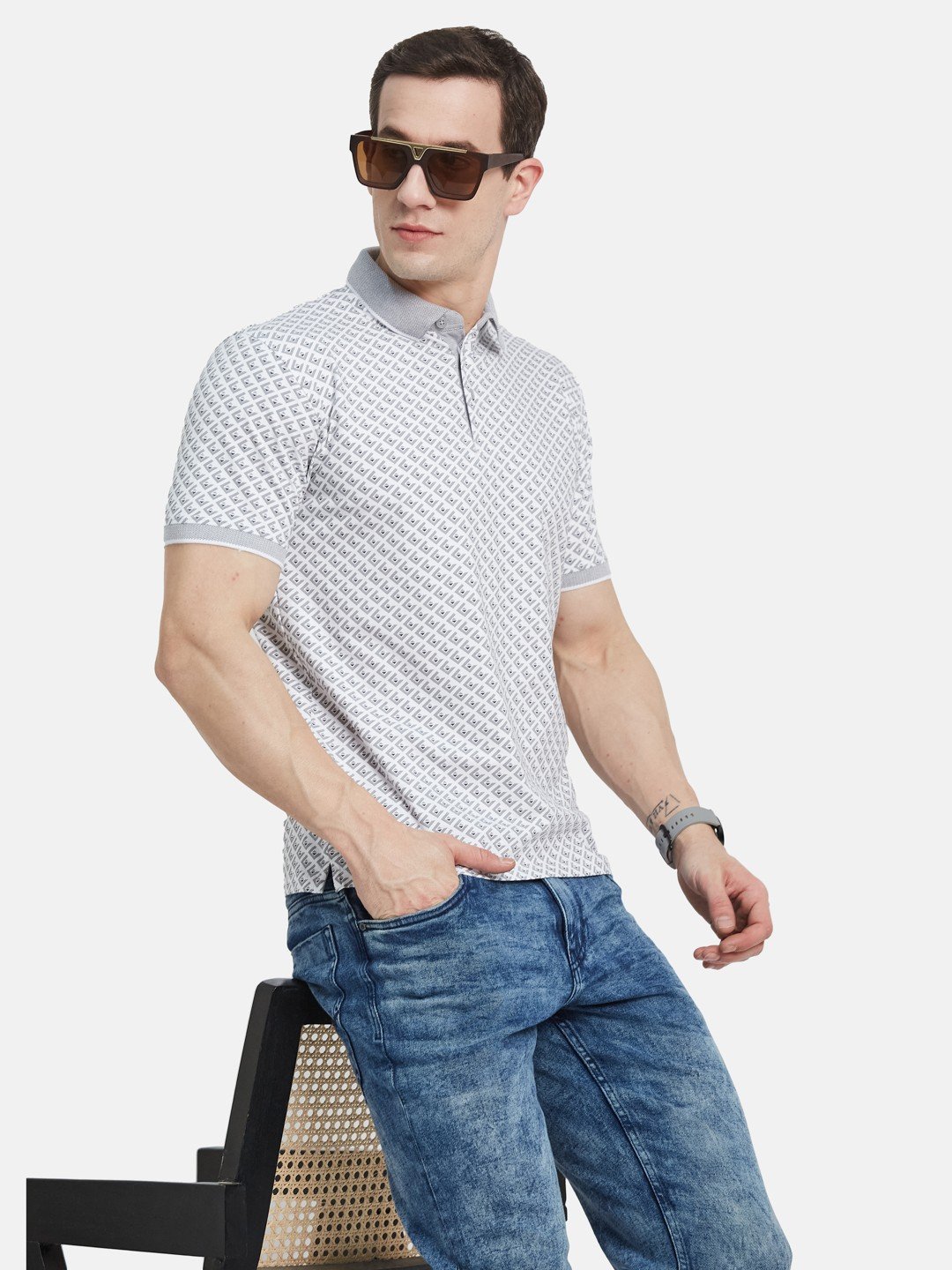 AOP MOTIF PRINT  POLO NECK SINGLE JERSEY KNIT LYCRA T-SHIRT