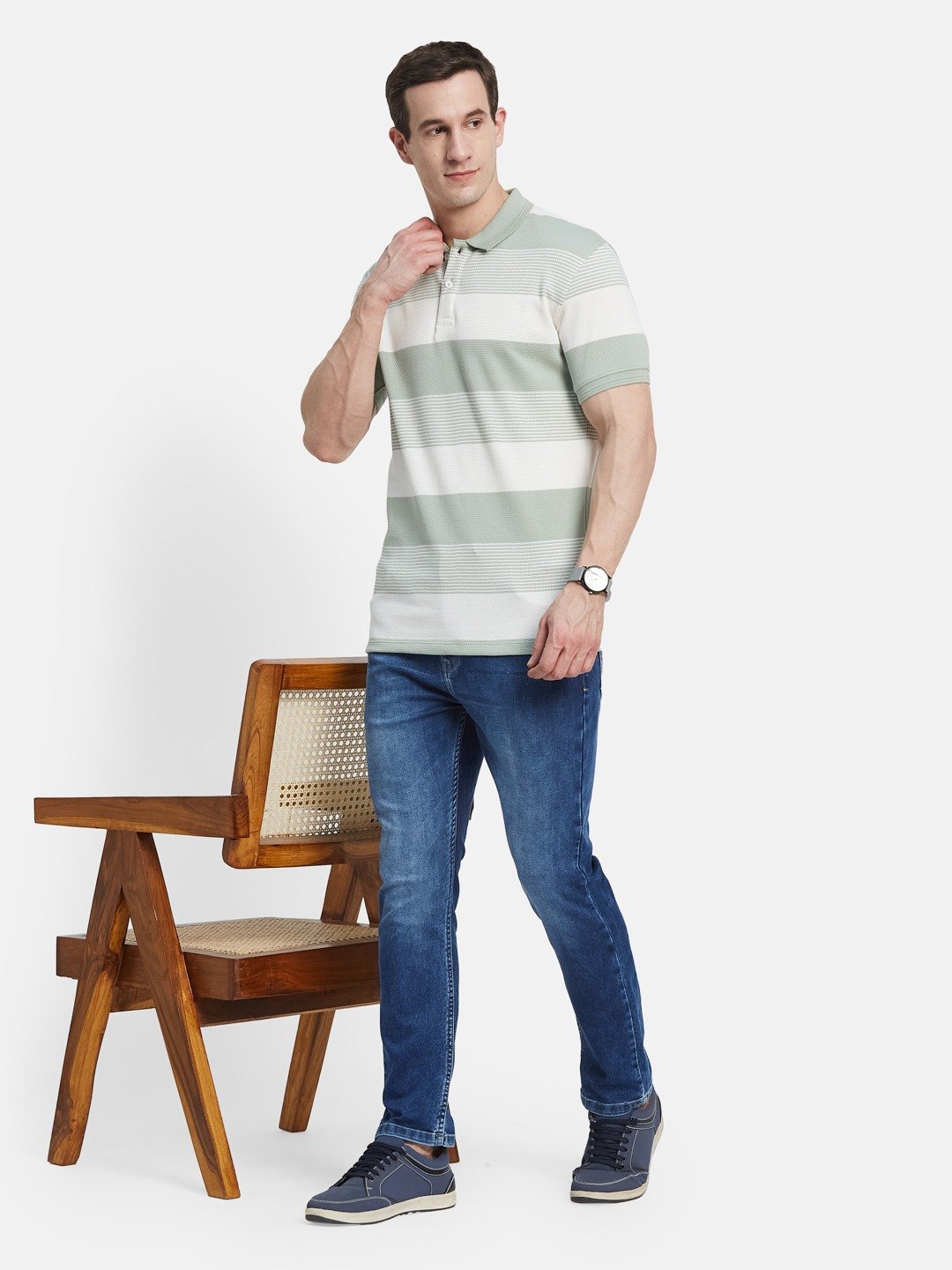 HORIZONTAL STRIPE POLO NECK POPCORN KNIT   T-SHIRT