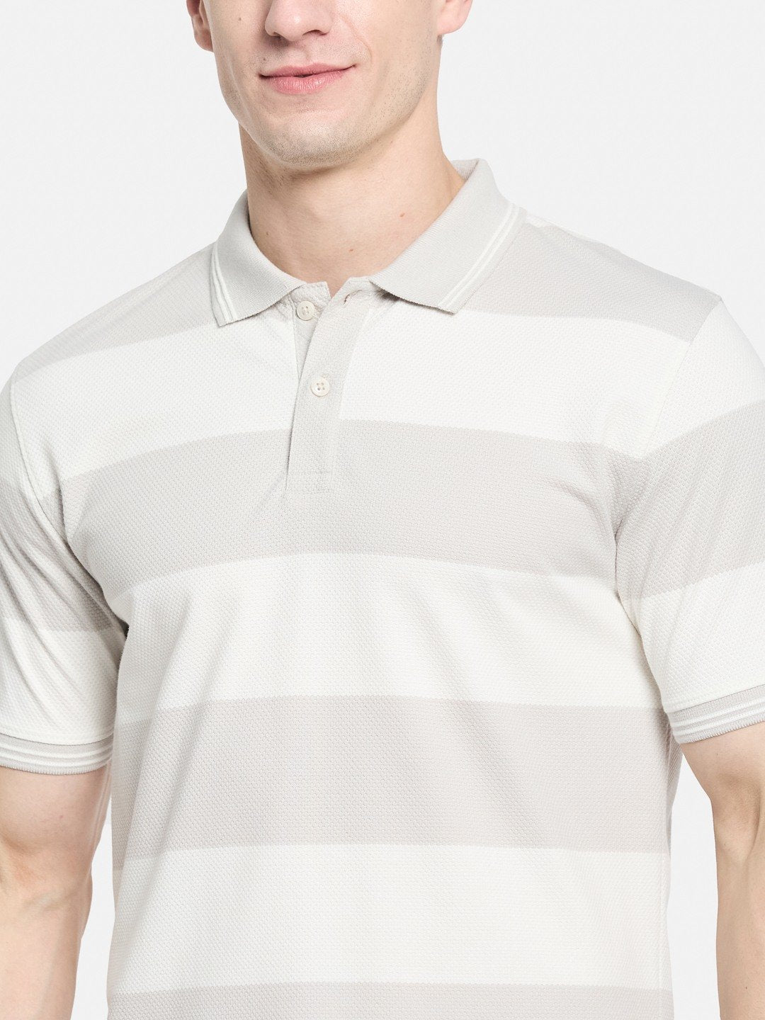 HORIZONTAL STRIPE POLO NECK POPCORN KNIT LYCRA  T-SHIRT