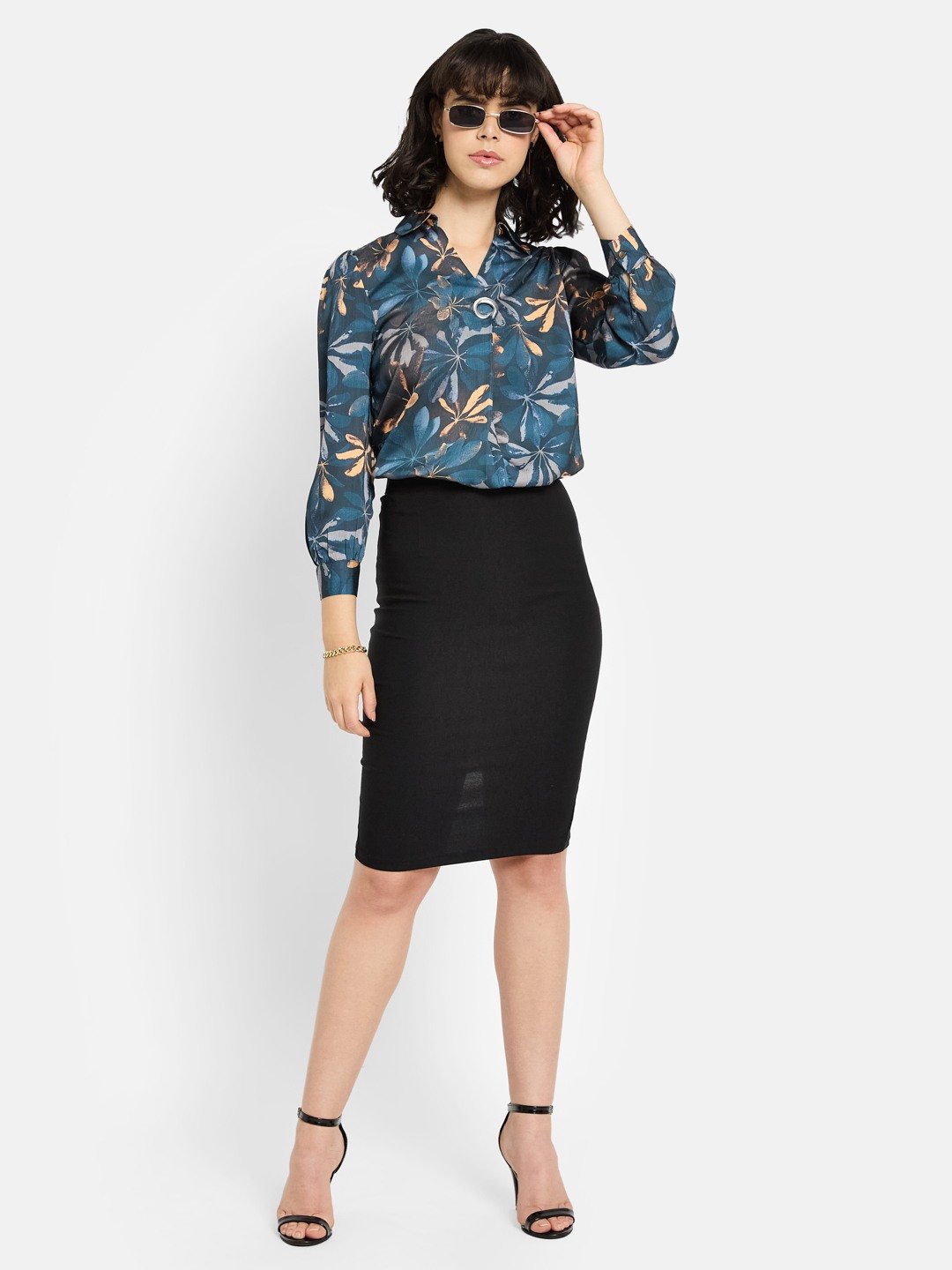 METTLE Women Teal Floral Print Cotton Top