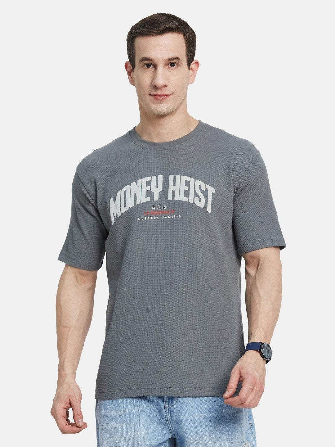 OVERSIZED NETFLIX MONEY HEIST PRINT ROUND NECK WAFFLE KNIT T-SHIRT