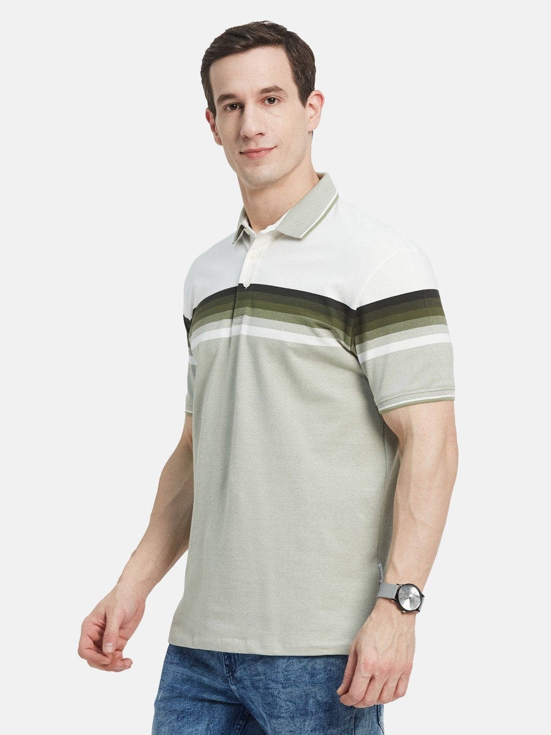 HORIZONTAL STRIPE POLO NECK PIQUE LYCRA  T-SHIRT