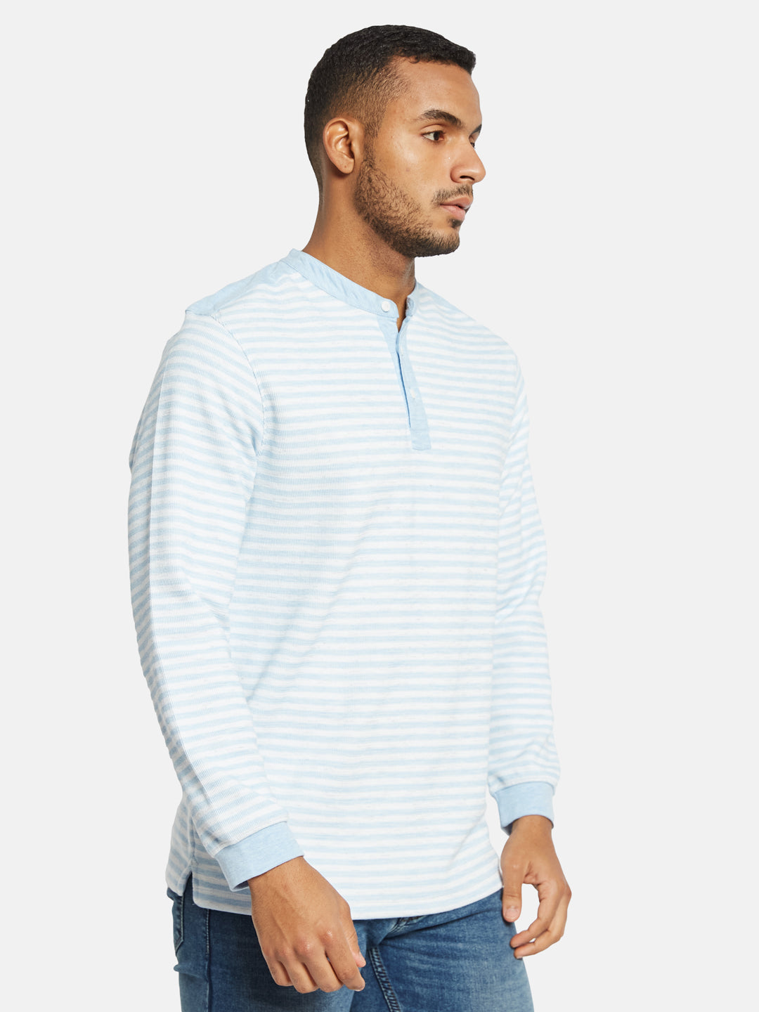 METTLE Men Striped Mandarin Collar Pockets T-shirt
