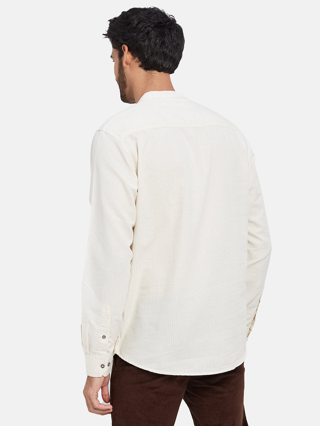 Mettle Vertical Stripes Mandarin Collar Cotton Casual Shirt