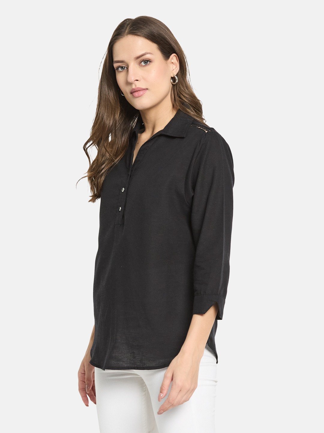 METTLE Women Black Cotton Shirt Collar Top