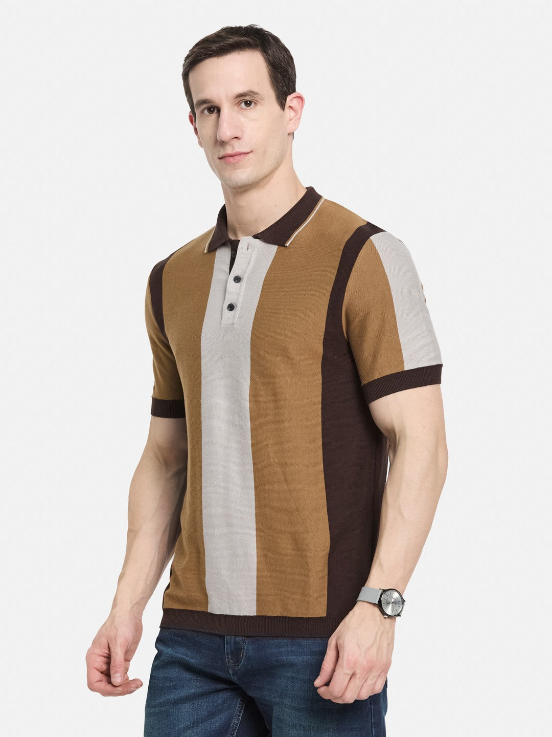 METTLE Men Colourblocked Polo Collar Cotton T-shirt