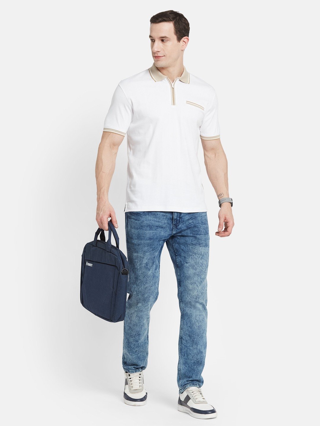 VERTICAL STRIPE HALF-ZIP POLO NECK DROP NEEDLE INTERLOCK T-SHIRT
