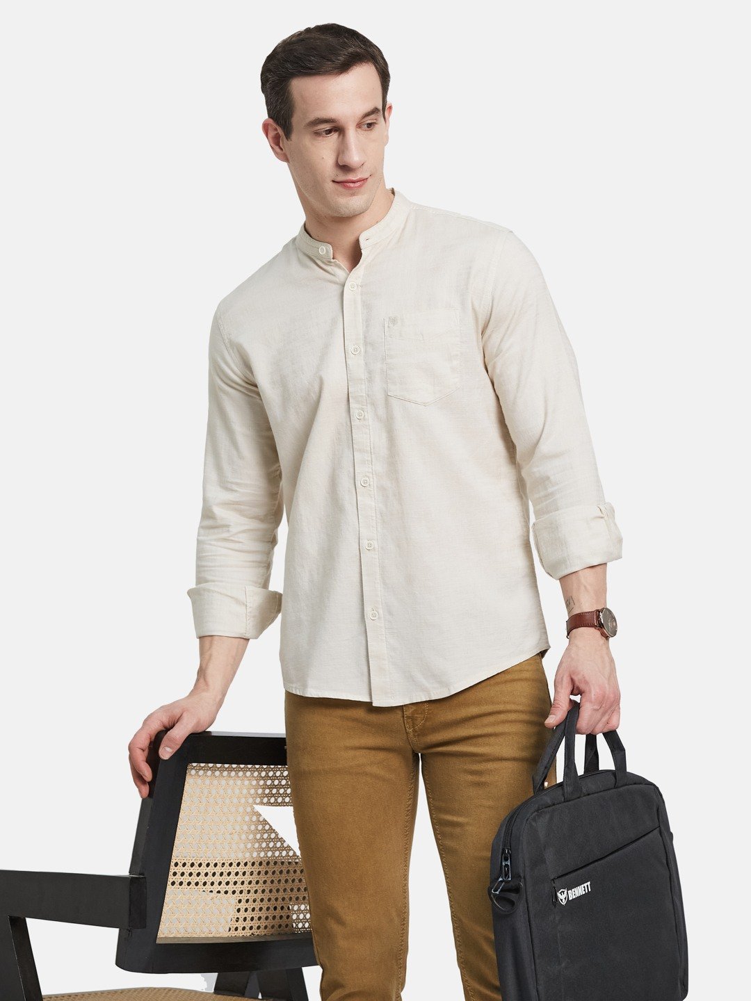 METTLE Men Band Collar Solid Cotton Casual Shirt