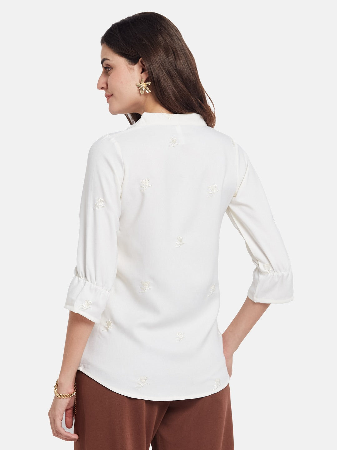 METTLE Floral Embroidered V-Neck Shirt Style Cotton Top