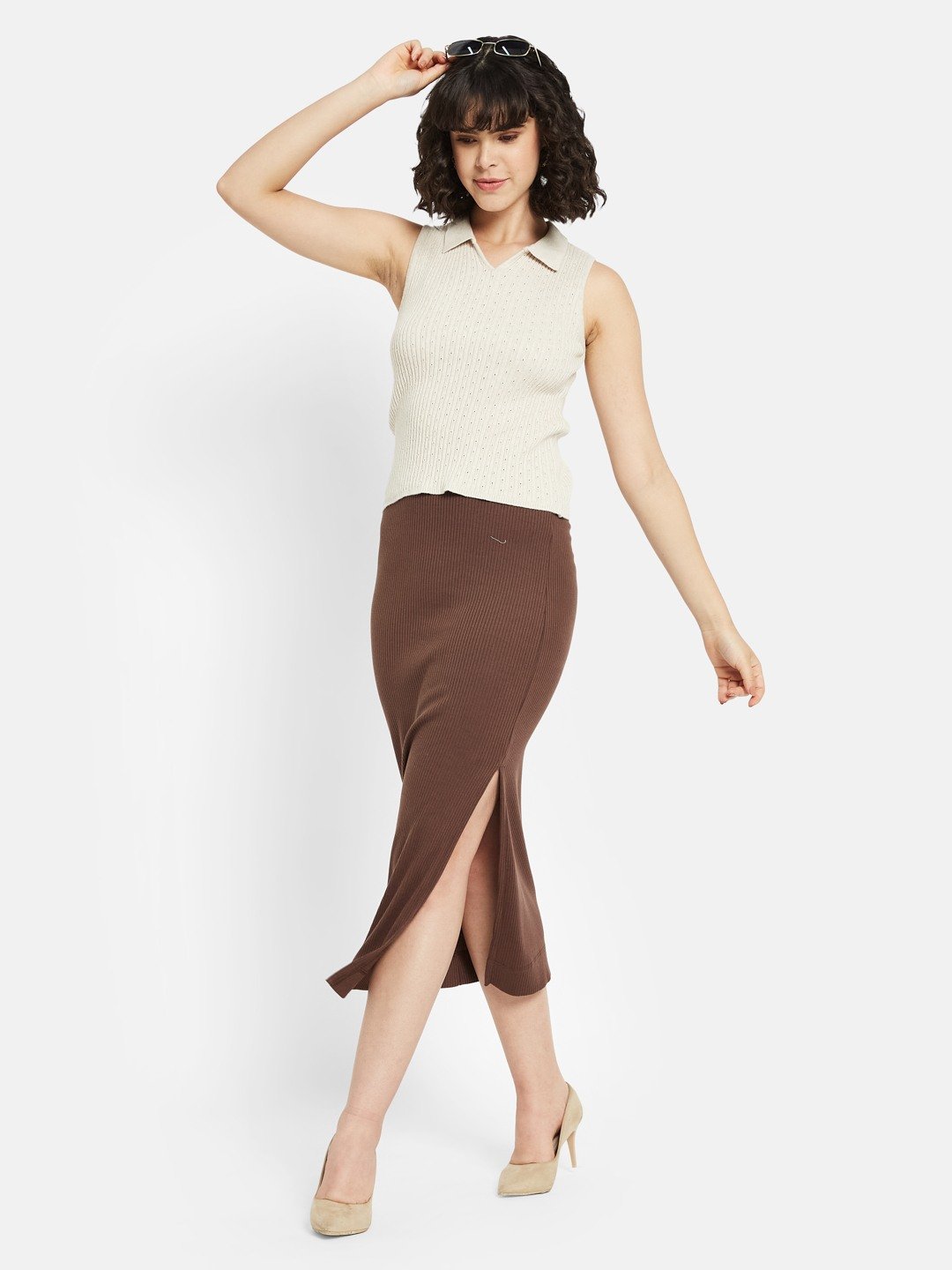 METTLE Women Self Design Shirt Collar Sleeveless Top