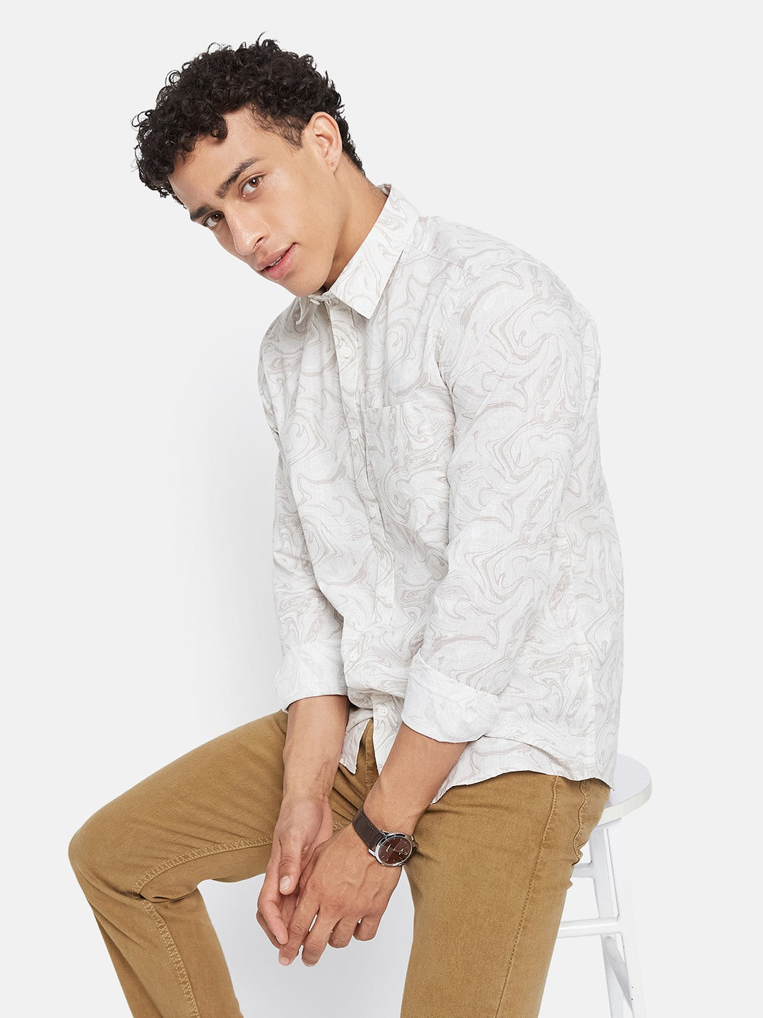 METTLE Men Abstract Printed Spread Collar Cotton Casual Shirt