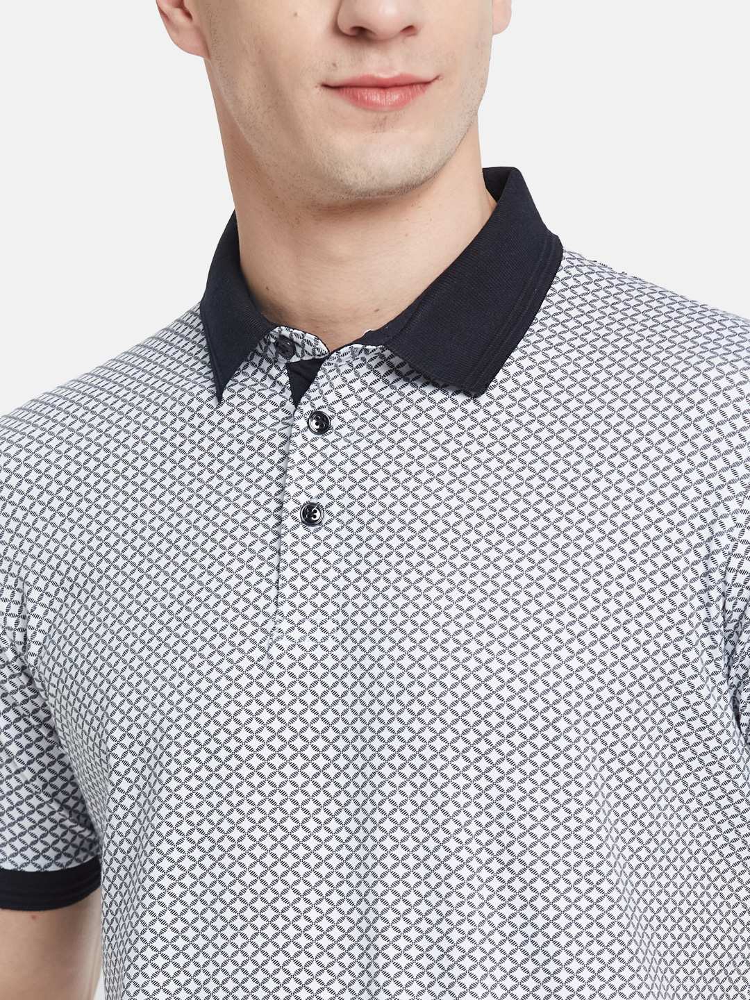 AOP MOTIF PRINT POLO NECK SINGLE JERSEY KNIT T-SHIRT