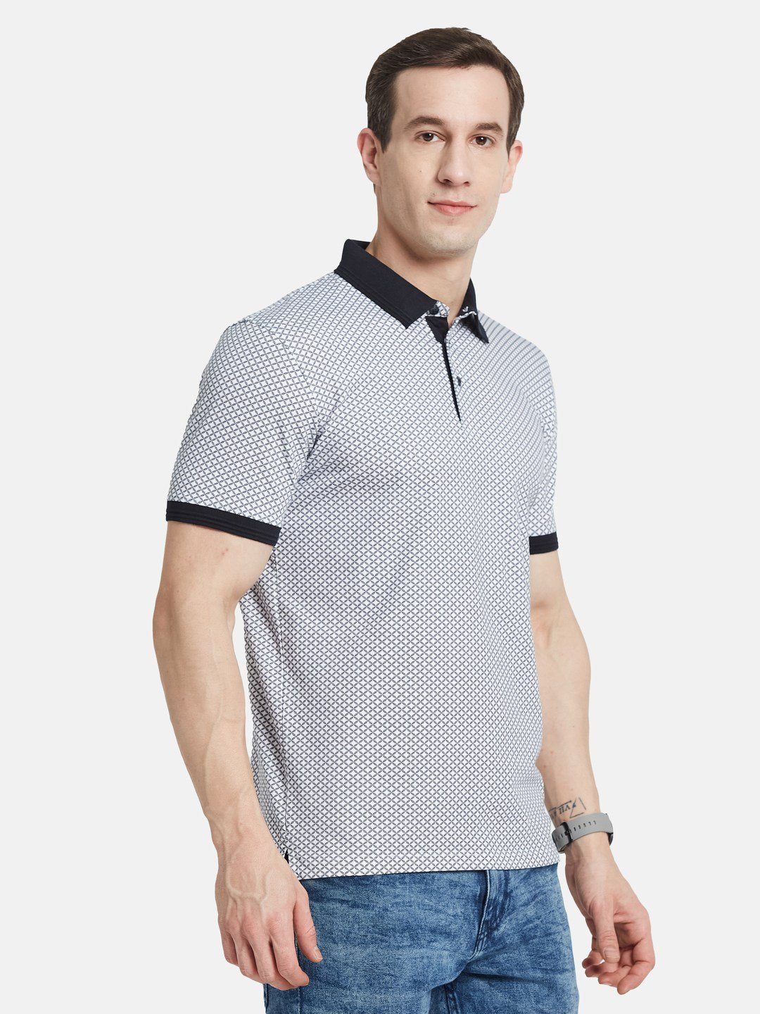 AOP MOTIF PRINT POLO NECK SINGLE JERSEY KNIT T-SHIRT