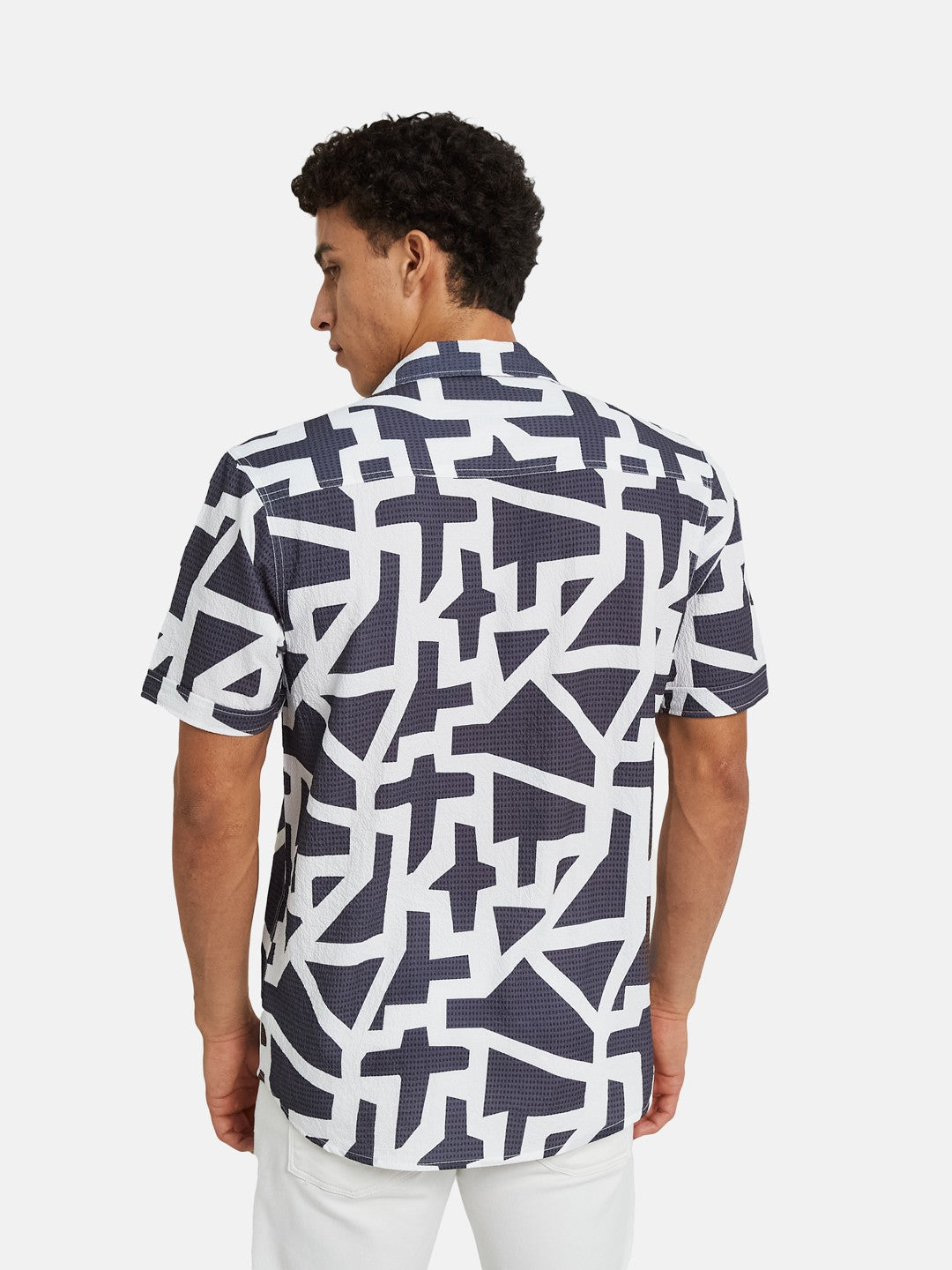 METTLE Abstract Printed Spread Collar Cotton Shirt