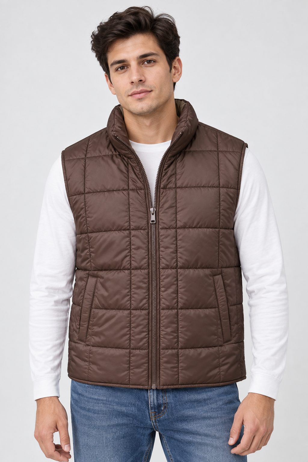 Men’s Espresso Lightweight Reversible Woven Puffer Gilet – Regular Fit Sleeveless Jacket