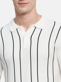 METTLE Men Striped Polo Collar Cotton T-shirt