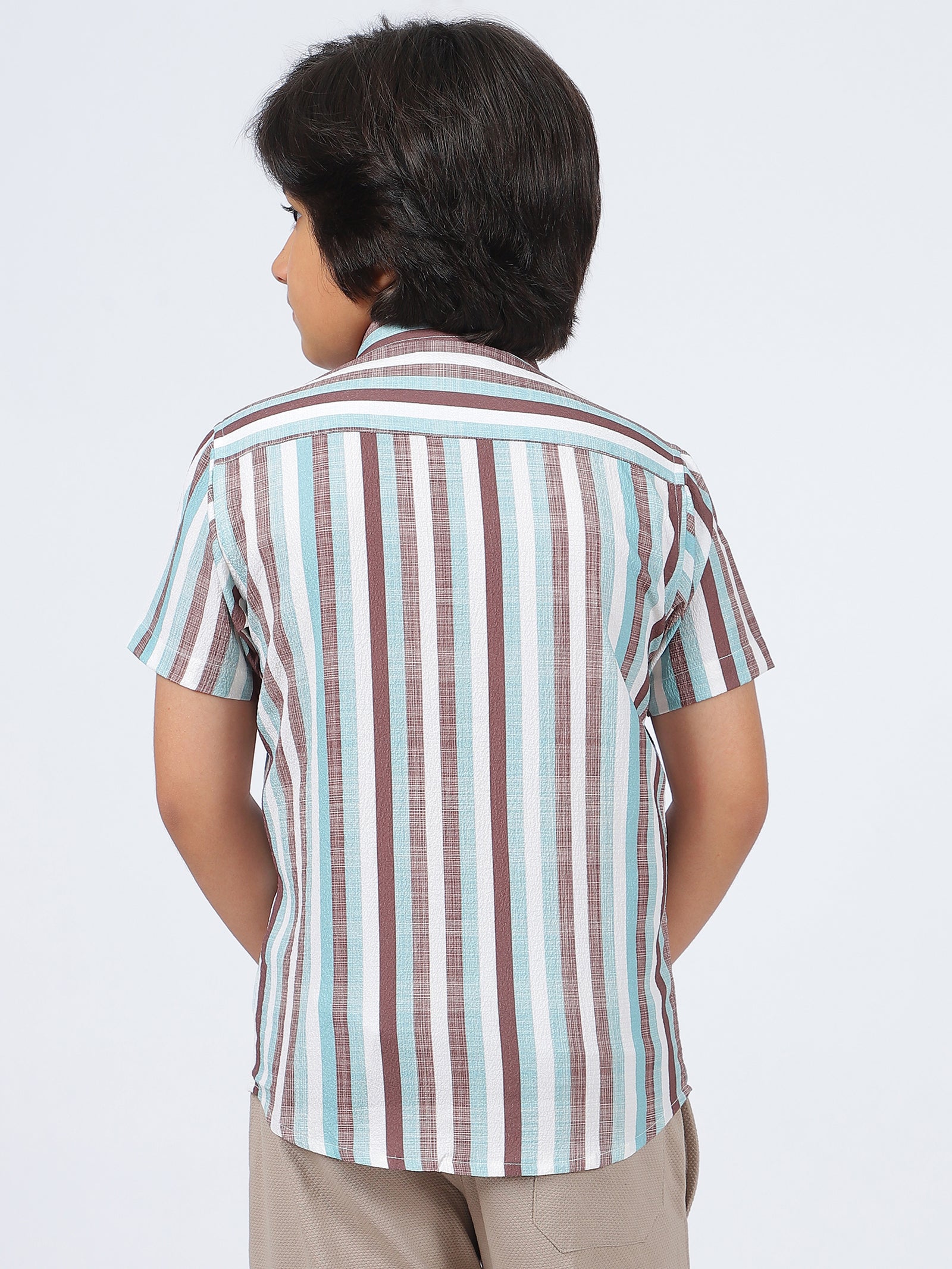 Octave Boys Multi Stripes Striped Spread Collar Short Sleeves Cotton Shirt