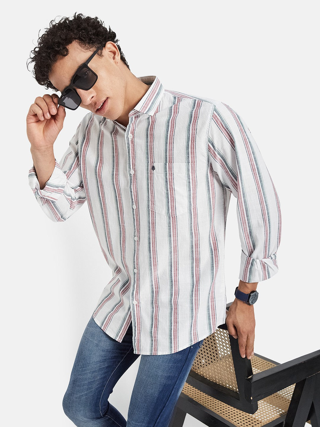 METTLE Striped Long Sleeves Spread Collar Cotton Opaque Regular Fit Casual Shirt