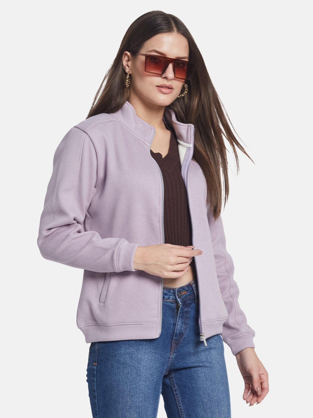 METTLE Women High Neck Long Sleeves Front-Open Sweatshirt