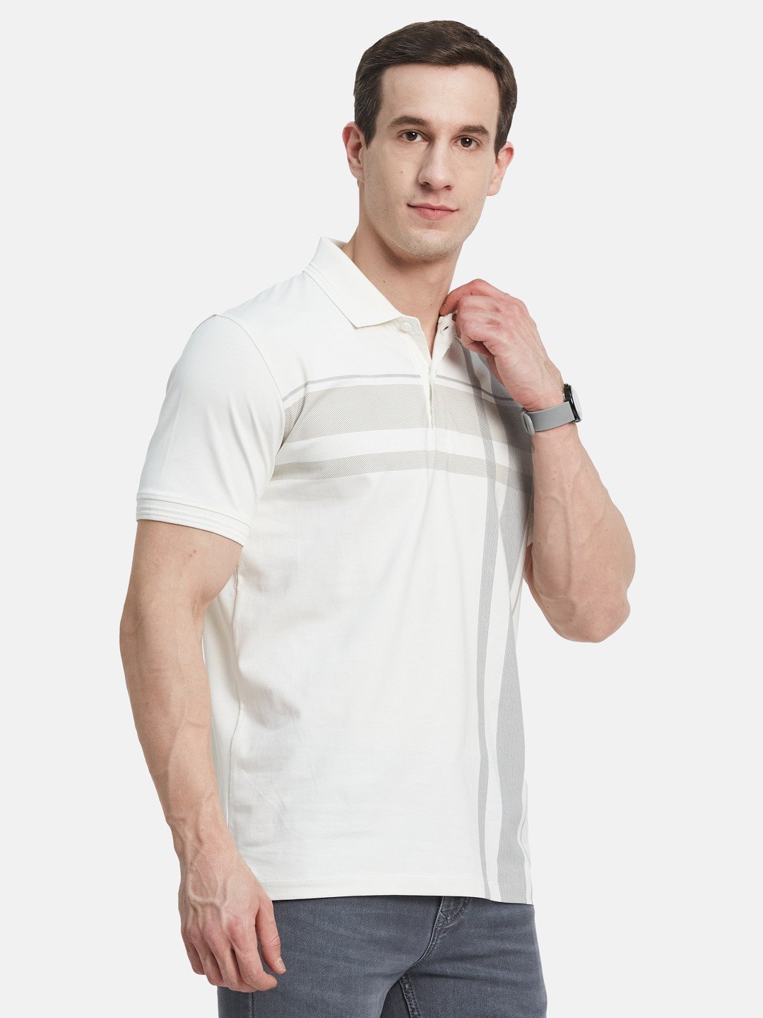FRONT CHECK PRINT POLO NECK SINGLE JERSEY KNIT LYCRA T-SHIRT