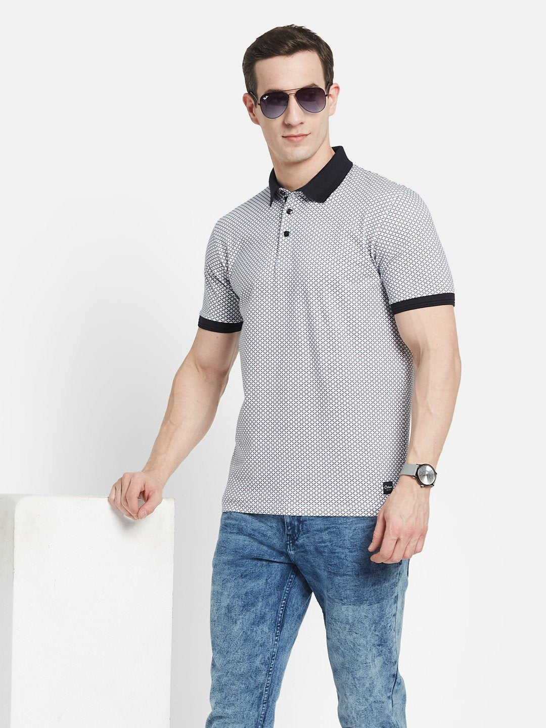 AOP MOTIF PRINT POLO NECK SINGLE JERSEY KNIT T-SHIRT