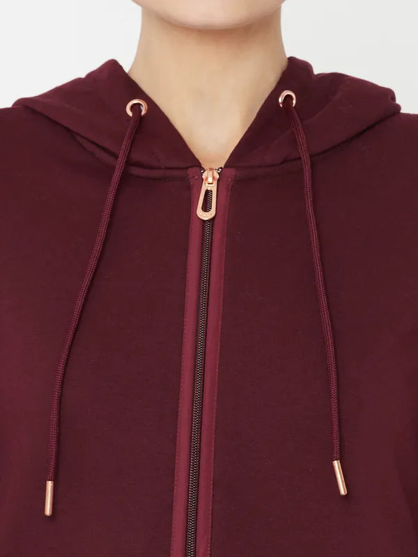 Mettle Women Maroon Hooded Sweatshirt