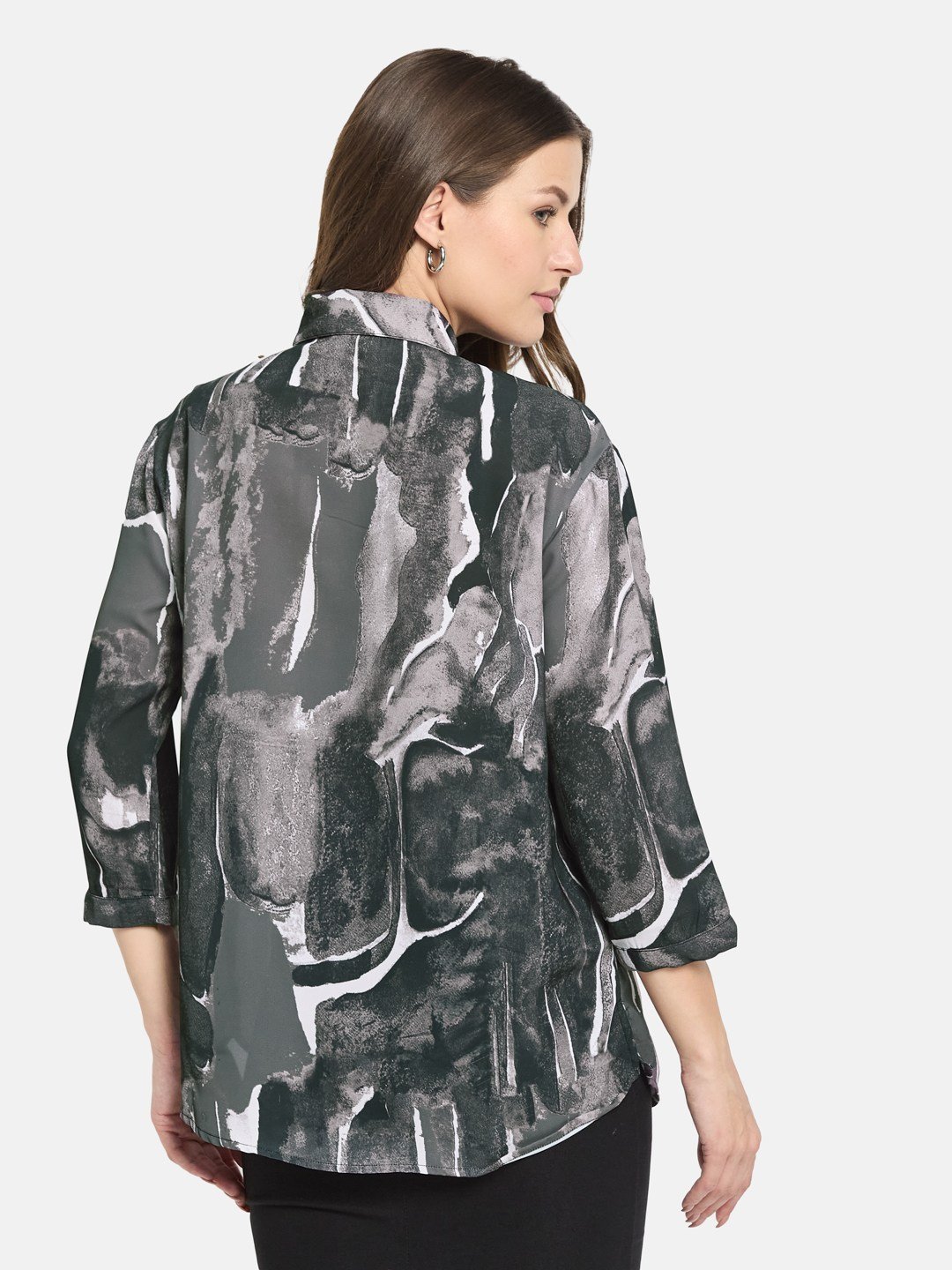 METTLE ss25 Women Charcoal Abstract Printed Cuffed Sleeves Cotton Shirt Style Top